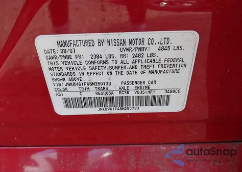 2008 Infiniti G35X from USA, damaged, VIN JNKBV61F48M250733